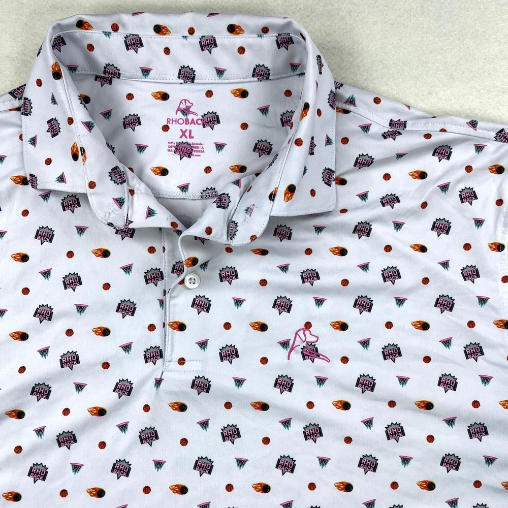 Rhoback Mens XL Basketball Print Performance Polo Shirt White Flaming Hoops Golf